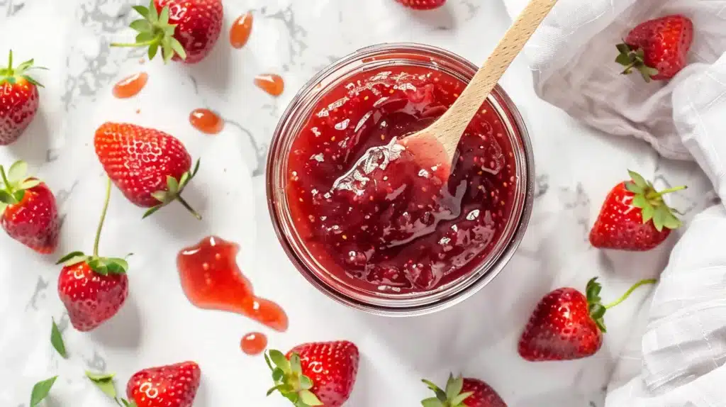 Confiture sans sucre maison aux fraises dans un bocal en verre sur marbre blanc