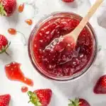 Confiture sans sucre maison aux fraises dans un bocal en verre sur marbre blanc