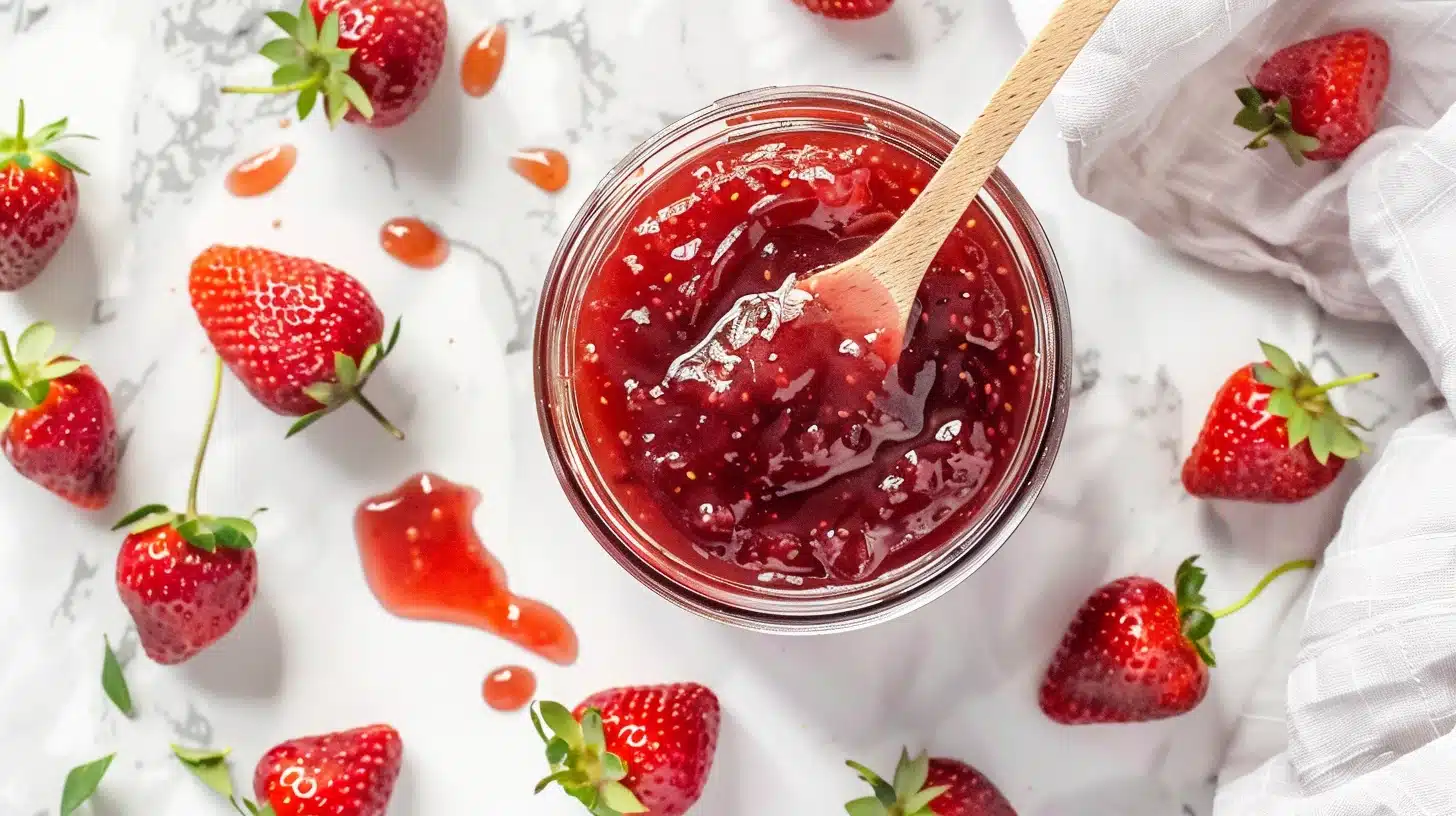 Confiture sans sucre maison aux fraises dans un bocal en verre sur marbre blanc