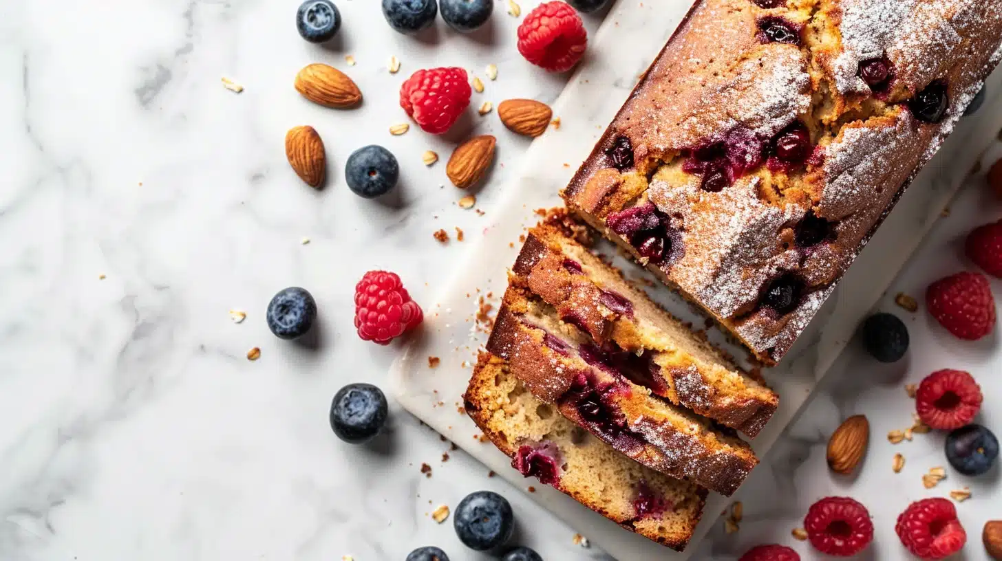 Gâteau aux fruits rouges sans sucre tranché sur une planche en marbre, avec framboises et myrtilles fraîches