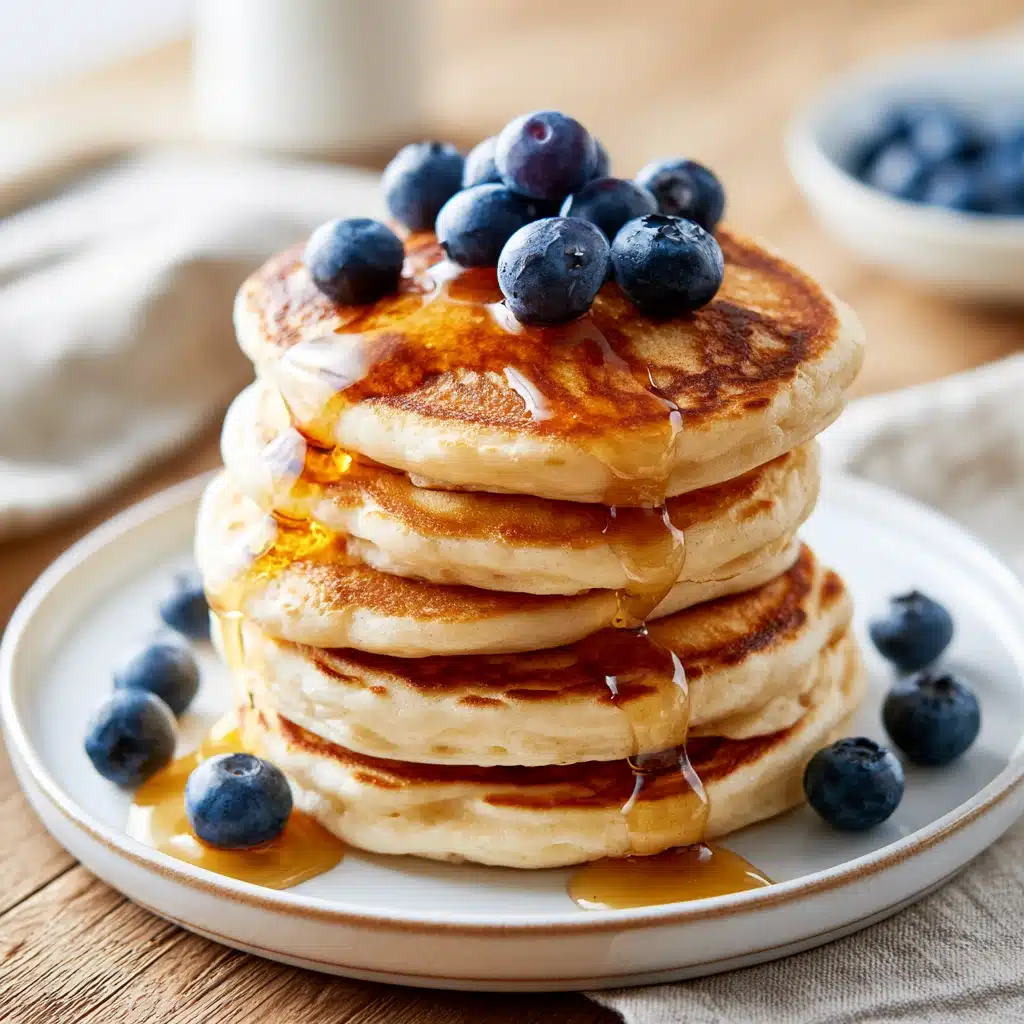 Pancakes sans sucre moelleux garnis de myrtilles fraîches et d'un filet de miel, servis sur une assiette blanche