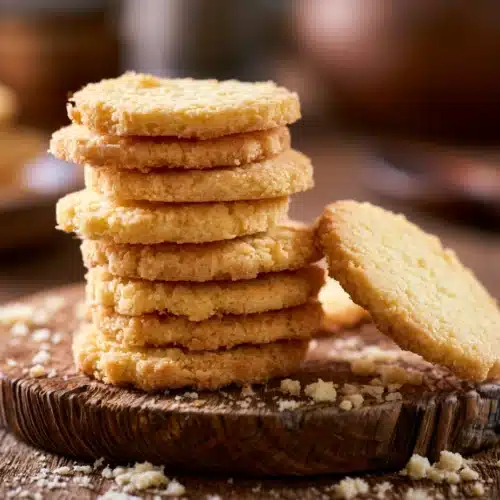 Sablés sans sucre empilés sur assiette en bois