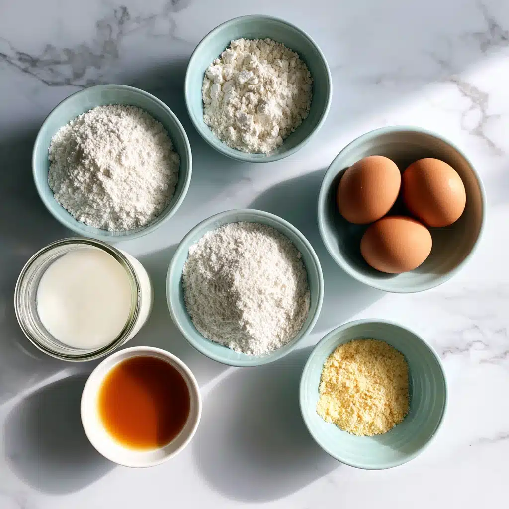 Ingredients Ingrédients pour préparer des pancakes sans sucre : farine, œufs, lait, huile de coco et vanille