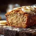 âteau banane sans sucre moelleux tranché sur une planche en bois