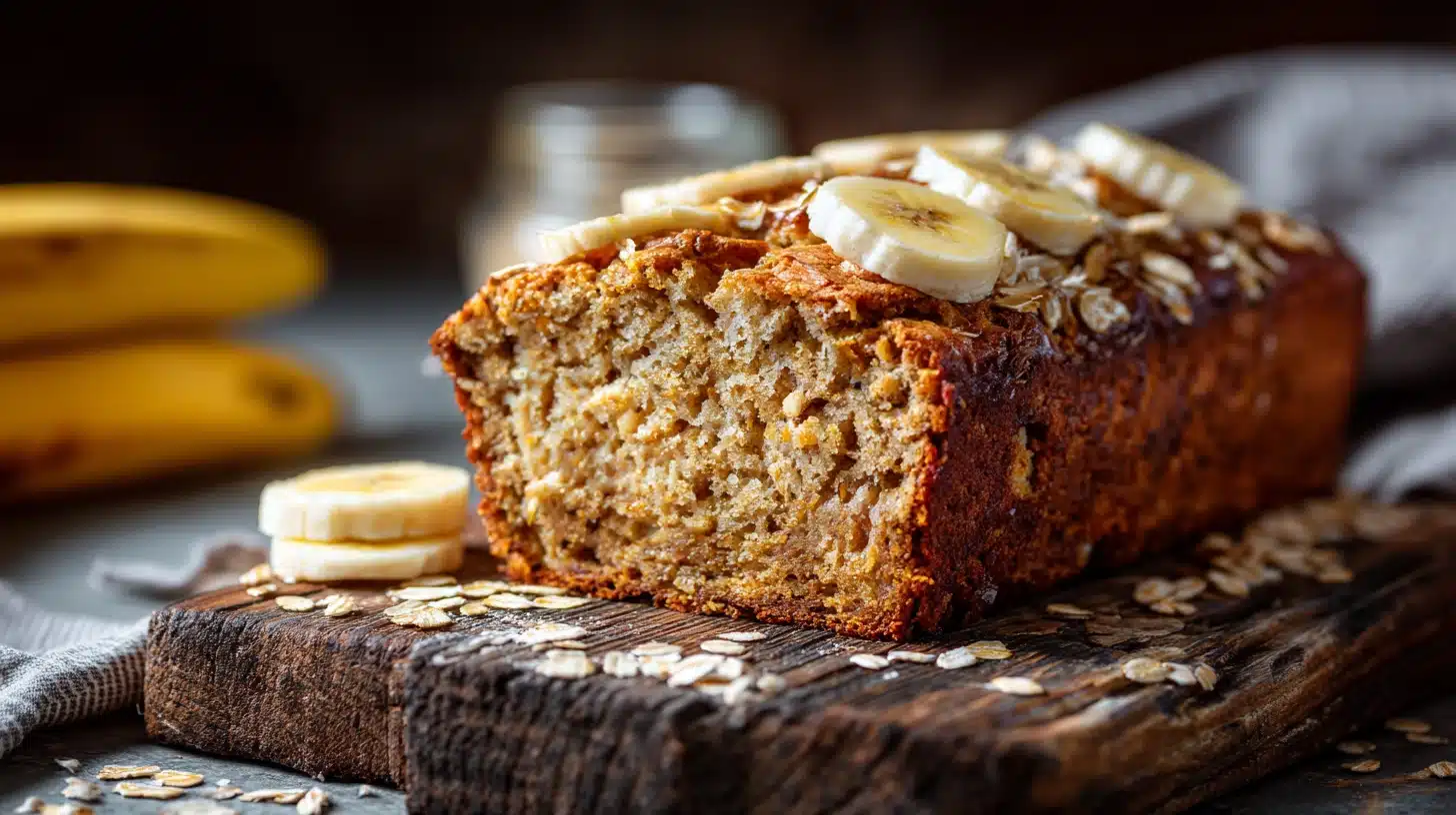 âteau banane sans sucre moelleux tranché sur une planche en bois