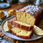Gâteau au yaourt et au citron sans sucre, part moelleuse sur table en bois
